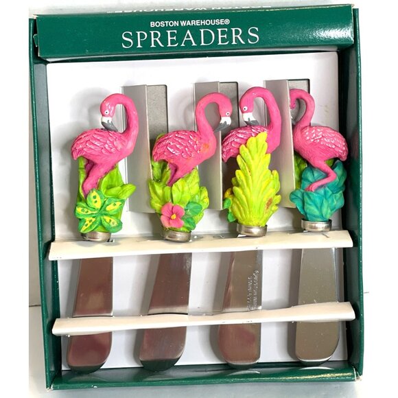 Tropical Pink Flamingo Stainless Steel Butter Knives Cheese Jelly Spreader Set - Picture 1 of 9